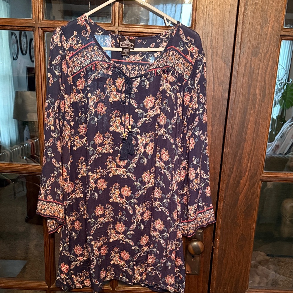 Angie Womens Navy Floral‎ Paisley Boho Tassel Tie Rayon Tunic Top Size M
